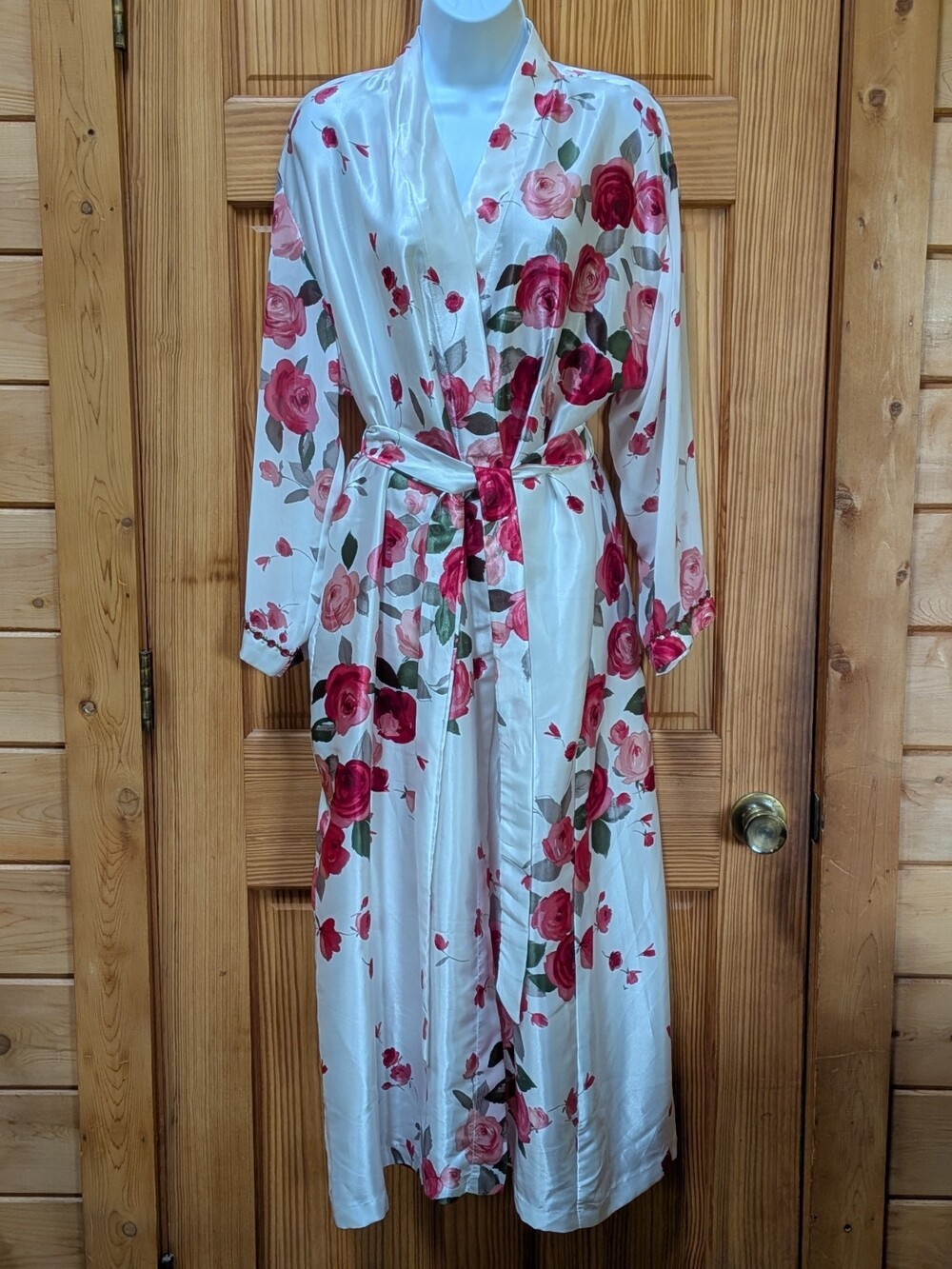 Vtg California Dynasty Robe Satin Kimono Ivory Roses Sheer Sleeves Womens Medium
